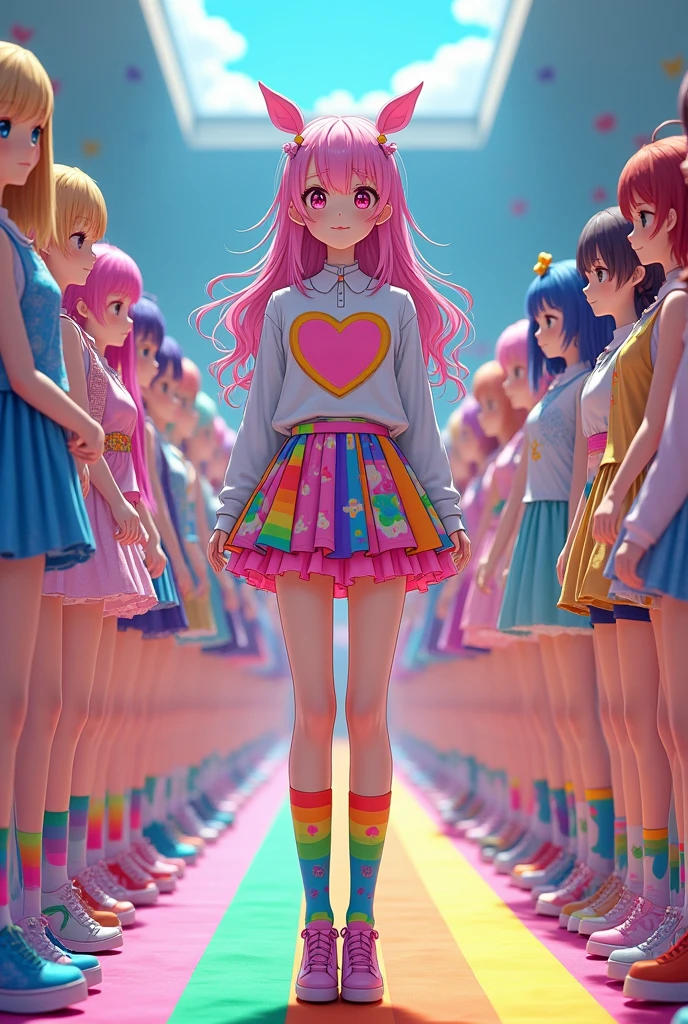 A very very very very very short 15cm patterned skirt in a rainbow color in the room, 80cm colorful socks, a 3 meter long hair wearing a rainbow colored hirajuku with a big heart, 7,000 healthy anime girls are so close together that they fill up the generated image., Take a group photo with your shoulders pressed close together, smile slightly, face and body facing forward so that your eyes are visible, and line up neatly so that at least 200 people are visible on the screen, take off your shoes and look straight ahead.
