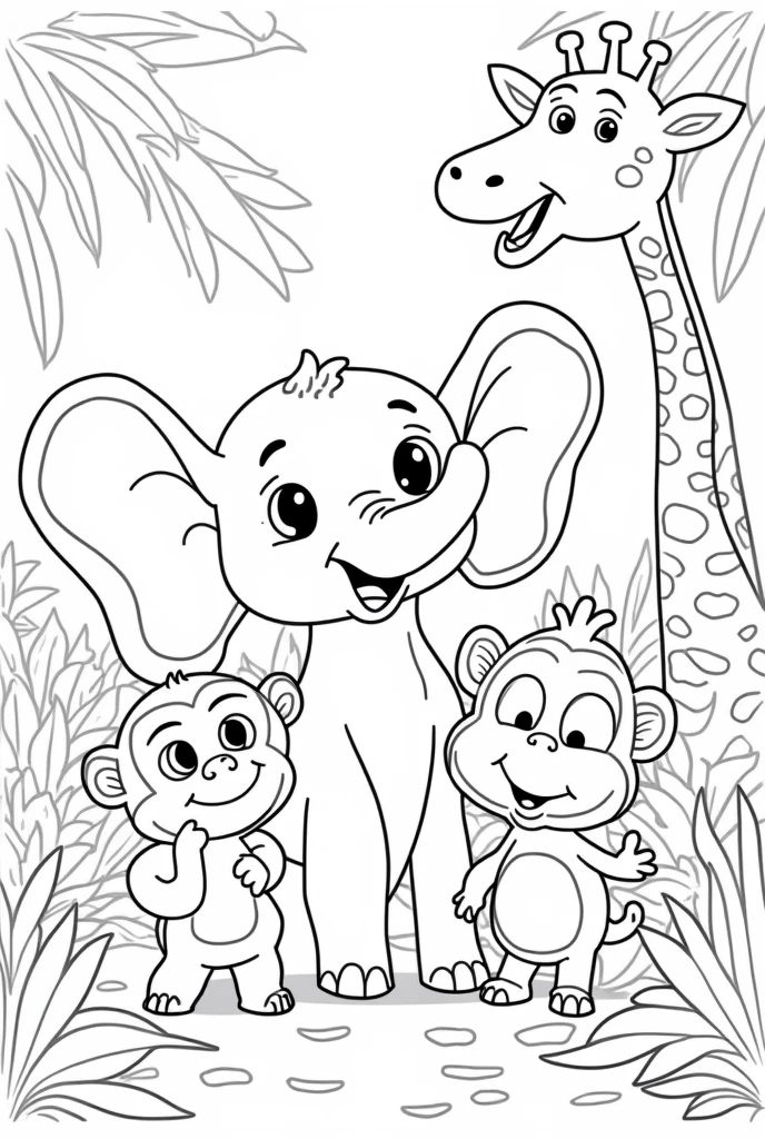  Create a black-and-white coloring page for kids featuring a fun and imaginative scene. The scene should include a group of friendly animals, such as a smiling elephant, a playful monkey, and a cheerful giraffe, all interacting in a vibrant jungle setting. Include large, simple shapes and patterns, such as big leaves, flowers, and trees, that are easy for children to color. The animals should have cute, cartoon-like features, with expressive faces and exaggerated, easy-to-recognize forms. Make sure the lines are bold and clear, with plenty of open spaces for coloring.

