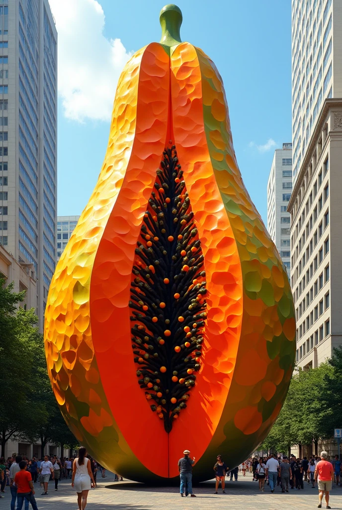 A giant papaya in a city, masterpiece, all in three dimensional paper art、(Almond Shapes);1.9、(Three-dimensional paper-cut art.、colorful):1.9