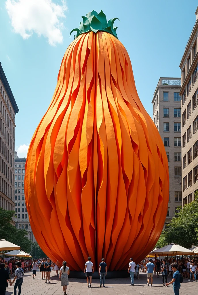 A giant papaya in a city,  masterpiece, all in three dimensional paper art、(Almond Shapes);1.9、(Three-dimensional paper-cut art.、colorful):1.9
