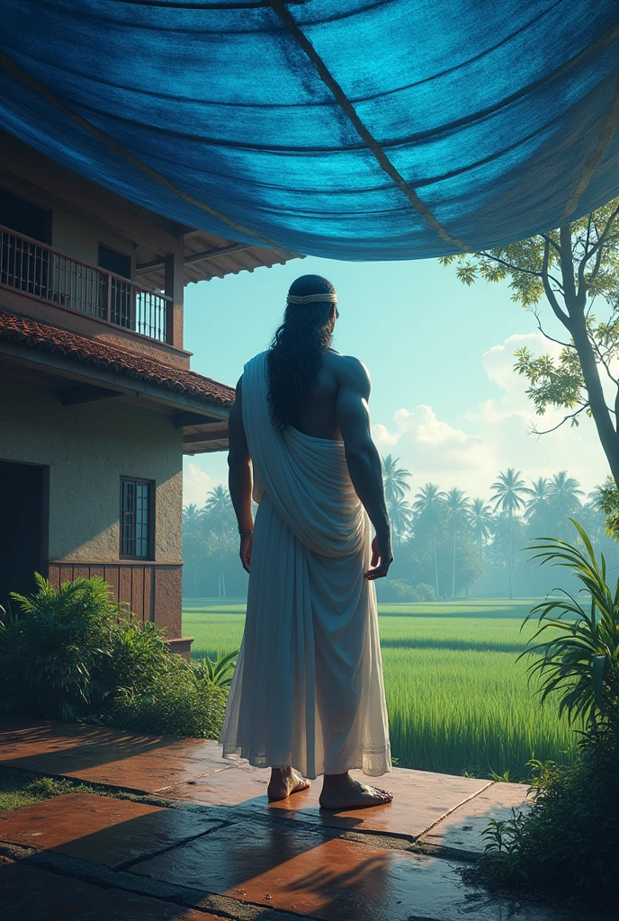 Mahabali, the mystical king of Kerala standing under a blue colored Alu-Zinc roofing sheet at a terrace of a two storeyed house built using fiber cement boards in the backdrop of a paddy field in Kerala 