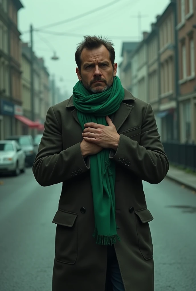A remorseful man walking alone down a deserted street. He should be holding a Woman's Scarf in his hands up by his heart. It should be a Feminine Scarf. The Scarf should be green or yellow. He wears an overcoat, and the scene is tinged with melancholy, reflecting a moment of deep personal loss. Realistic Image