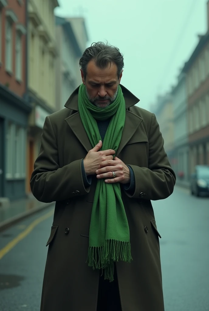 A remorseful man walking alone down a deserted street. He should be holding a Woman's Scarf in his hands up by his heart. It should be a Feminine Scarf. The Scarf should be green or yellow. He wears an overcoat, and the scene is tinged with melancholy, reflecting a moment of deep personal loss. Realistic Image