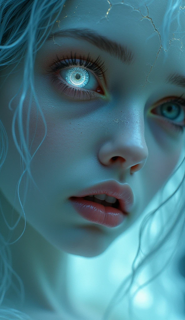 ((work of art)), best qualityer, Ask the master, A close-up of a ghostly face, pale, translucent skin and cracks that seem to glow with an inner light. The eye shines with a soft light, mysterious light, and the hair flows like a mist around the face. The overall style should be ethereal and fantastically beautiful., with a focus on supernatural brilliance and delicacy, an almost fragile appearance of the face