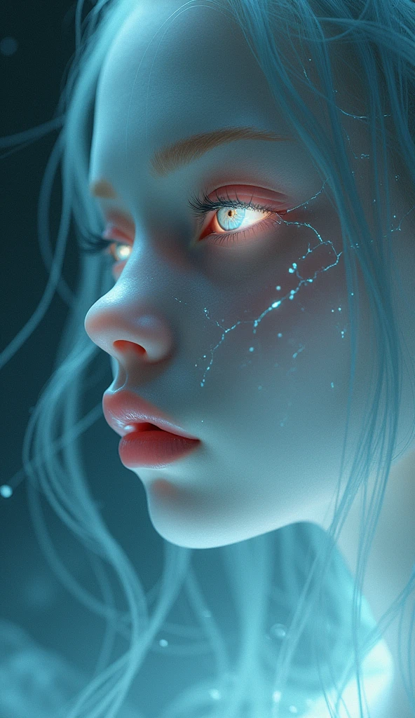 ((work of art)), best qualityer, Ask the master, A close-up of a ghostly face, pale, translucent skin and cracks that seem to glow with an inner light. The eye shines with a soft light, mysterious light, and the hair flows like a mist around the face. The overall style should be ethereal and fantastically beautiful., with a focus on supernatural brilliance and delicacy, an almost fragile appearance of the face