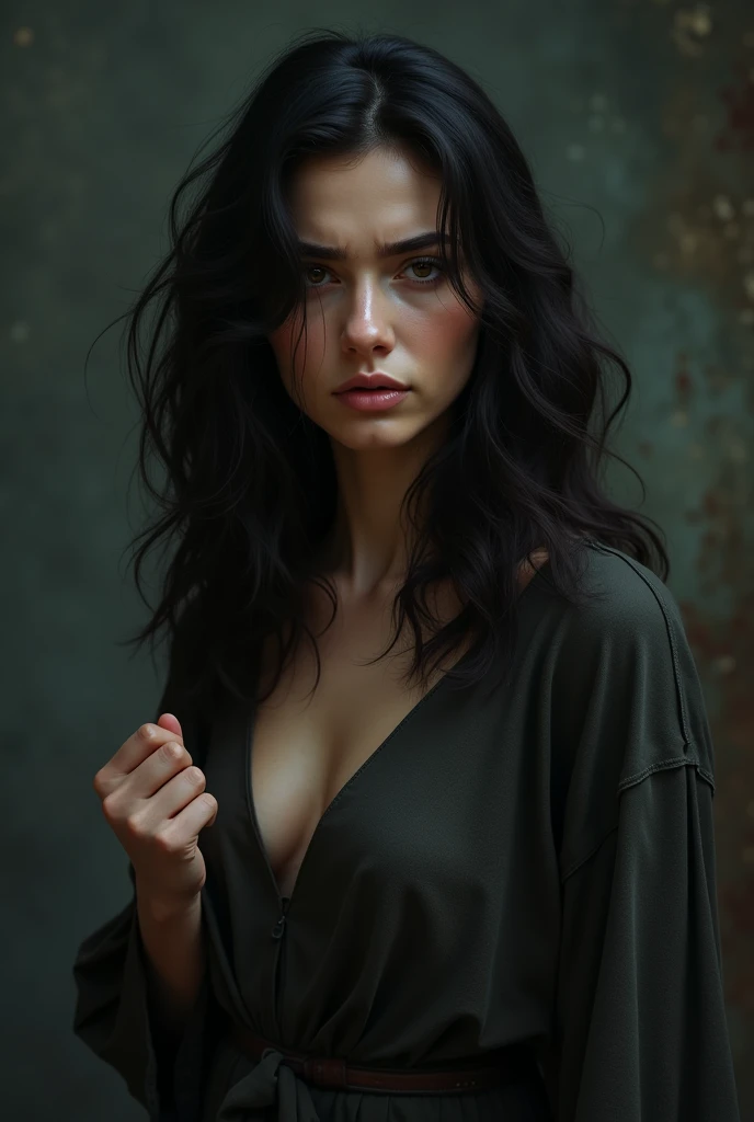 A heartbroken woman with brown eyes and dark long hair. She is 3 with a Mediterranean look.