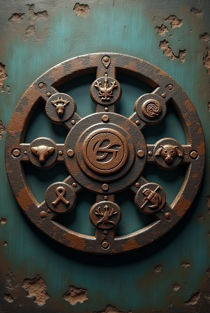 An Iron Circle, divided into 7 equal parts and engraved on each part: the symbol of a Scarlet Macaw, the symbol of a Jaguar, the symbol of a Raccoon, the symbol of a white dog, the symbol of a brown bear, the symbol of a black dog and the symbol of a sea turtle