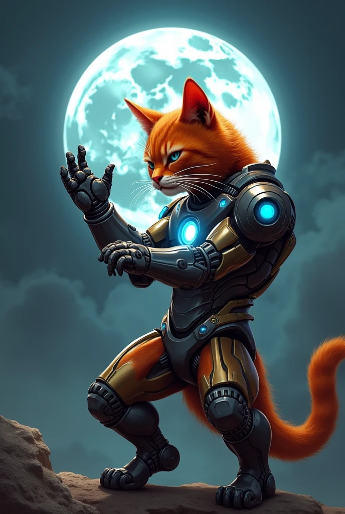 Angry red and blue cat with iron man suit and taking moon in it's hands