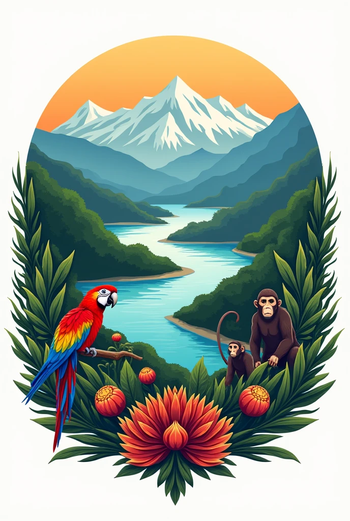 Create a logo in Spanish for a company with the following characteristics: Main image of the two snowy peaks, laguna, river to the sea, Macaw, monkey and a couple of peasants