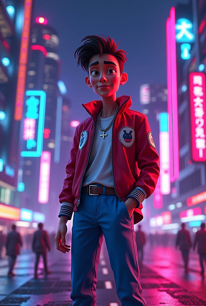 Create a Nu-Disco album cover, artist: Ghost Groove. Use vibrant neon colors and hyper-realistic details in a futuristic city nightscape. The centerpiece should be a modern and stylish animated portrait, eye-catching, with vibrant poses and expressions that give it a lively and confident feel. The background should be filled with neon lights and futuristic architecture, emphasizing the city night and futuristic outlook. The overall color scheme should be bold and eye-catching, such as pinks, blues, and violets to complete the music-themed design. " No text.