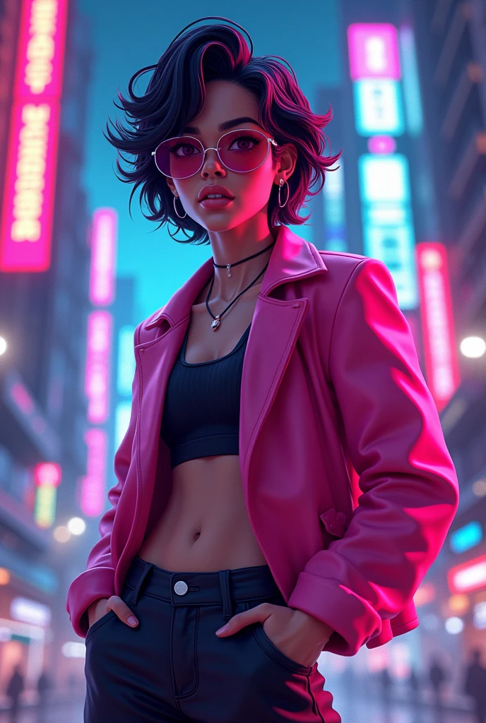 Create a Nu-Disco album cover, artist: Ghost Groove. Use vibrant neon colors and hyper-realistic details in a futuristic city nightscape. The centerpiece should be a modern and stylish animated portrait, eye-catching, with vibrant poses and expressions that give it a lively and confident feel. The background should be filled with neon lights and futuristic architecture, emphasizing the city night and futuristic outlook. The overall color scheme should be bold and eye-catching, such as pinks, blues, and violets to complete the music-themed design. " No text.