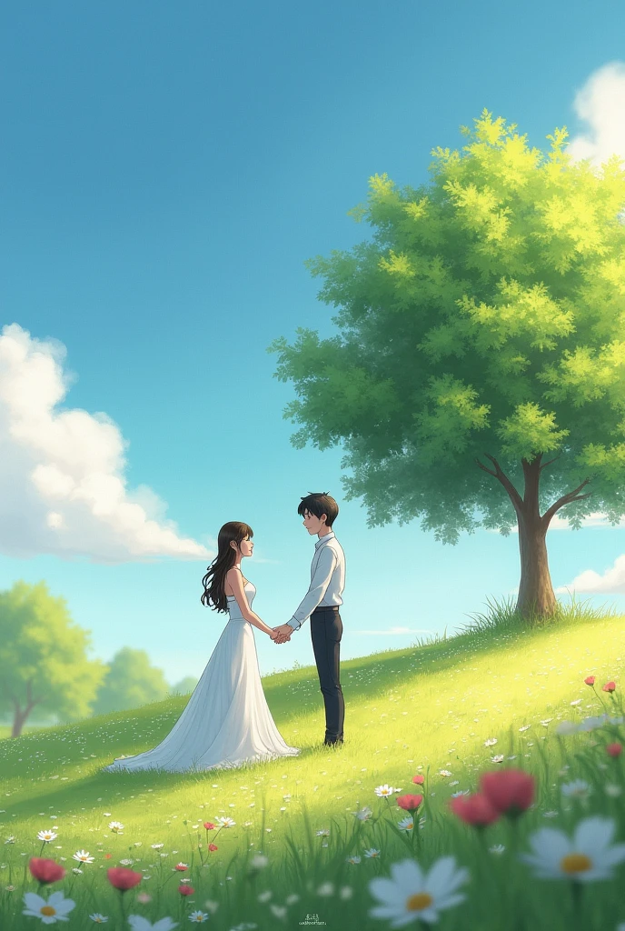 create a scene for me where Jungkook and Jimin are dressed in white , they are on flowery meadow, big tree at backgound, blue sky, holding hands looking at each other, Meanwhile Youn Jung was standing on the ground out of the water looking at them because she was the one doing the wedding. Backlight sunshine