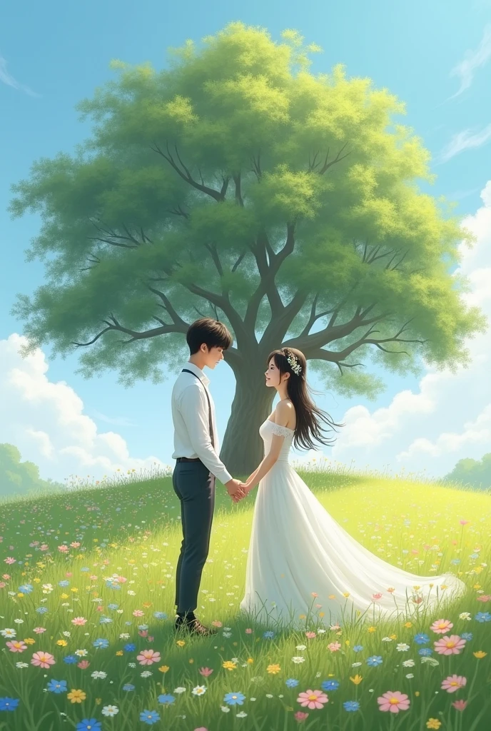 create a scene for me where Jungkook and Jimin are dressed in white , they are on flowery meadow, big tree at backgound, blue sky, holding hands looking at each other, Meanwhile Youn Jung was standing on the ground out of the water looking at them because she was the one doing the wedding. Backlight sunshine