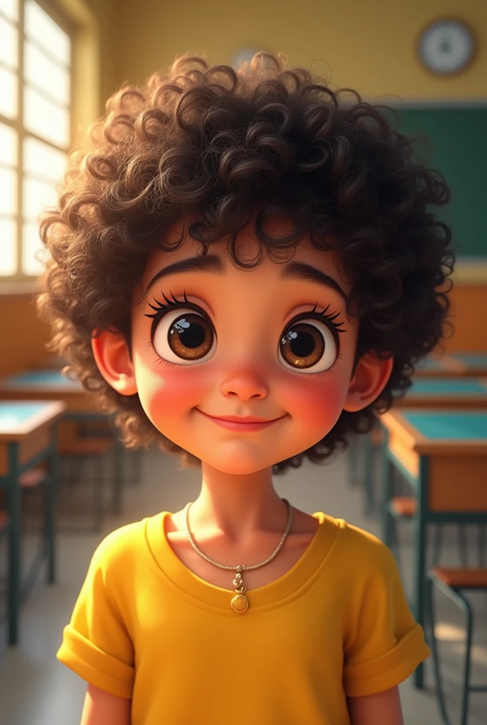 girl, short hair, with curls, brown eye color coffee, long eyelashes, Venezuelan, clear skin, at his school, yellow shirt uniform, He is smiling inside his school. Beautiful and chubby