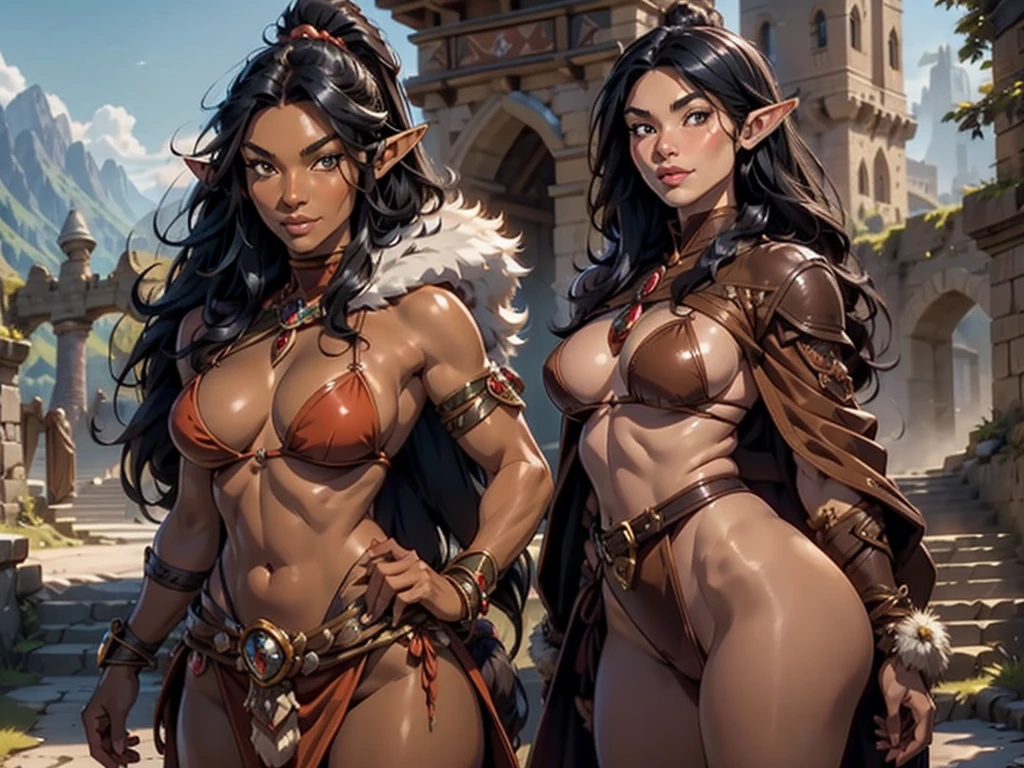 a ((native american elf)). She wears a brown leather bikini, fur cloak, fur boots, fur bracers. (((native American))), 1woman, large breasts , curvy, slim waist. ((black hair)), long hair, coco skin, Dark skin, brown eyes. (detailed eyes, detailed face), smile, red lips. Square jaw, high cheekbones, strong jaw line. Show her in a heroic pose ready for battle. tanned skin. intricate details. a horde of monsters attack the castle gate in the background. many orcs and goblins with jagged weapons in the background.