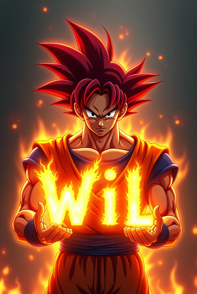 A name Wil made of fire with Goku Super Sayajin God holding it