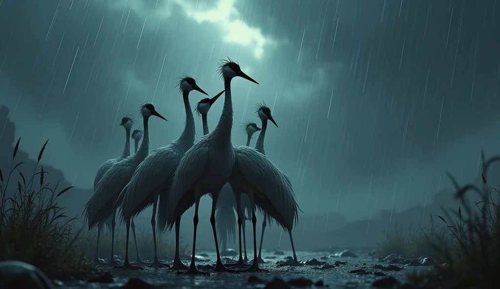 In 3D animations.What emotions do the cranes feel while they are huddled together during the storm?