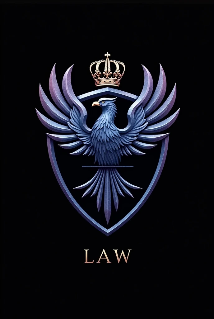 Metallic blue law firm logo with metallic purple LR initials, Phoenix bird and queen's crown and metallic colored scales and black background and word law