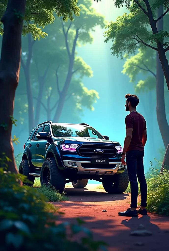 a man looking black color ford endeavour with big tyres in forest under tree as their dream car in animation with neon lights
