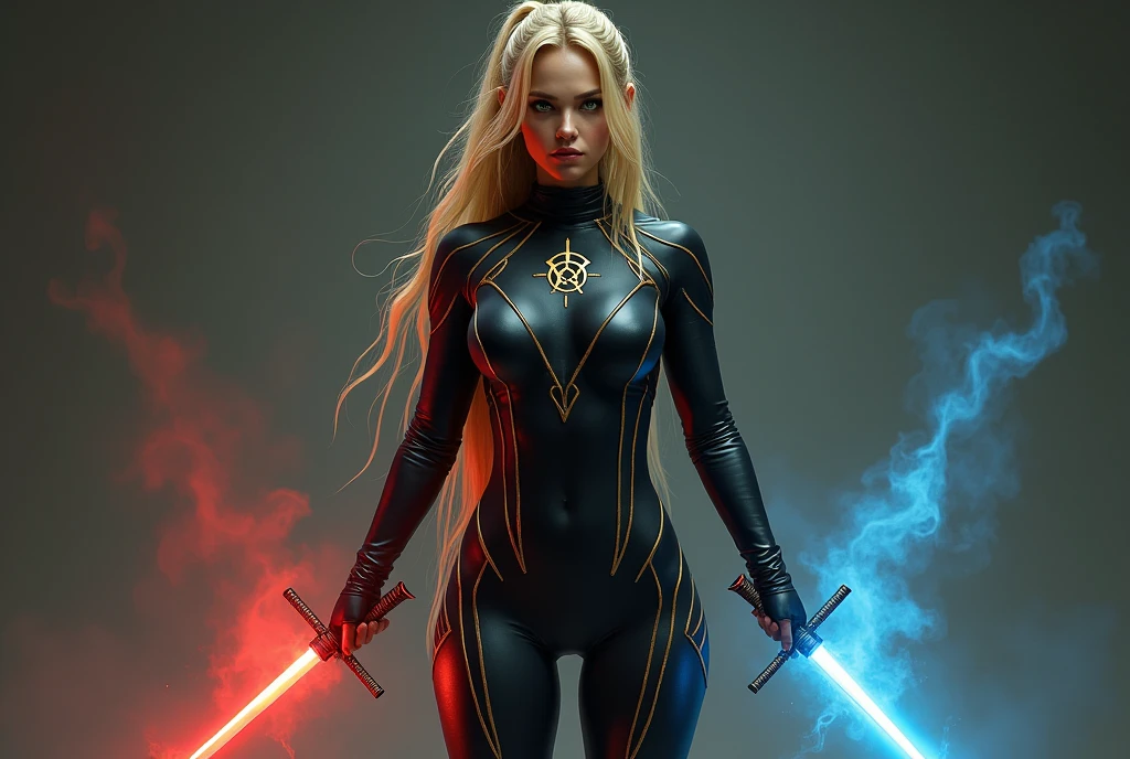 A beautiful ninja woman with beautiful green eyes dressed in a black latex jumpsuit with gold lines on the sides and at chest level, the symbol of the druids in a pyramidal shape., Medium sized, sagging breasts, wide hips and muscular legs, The hair is long golden in color gathered in a ponytail, He carries in his hands laser swords that emit very bright red and blue flashes.