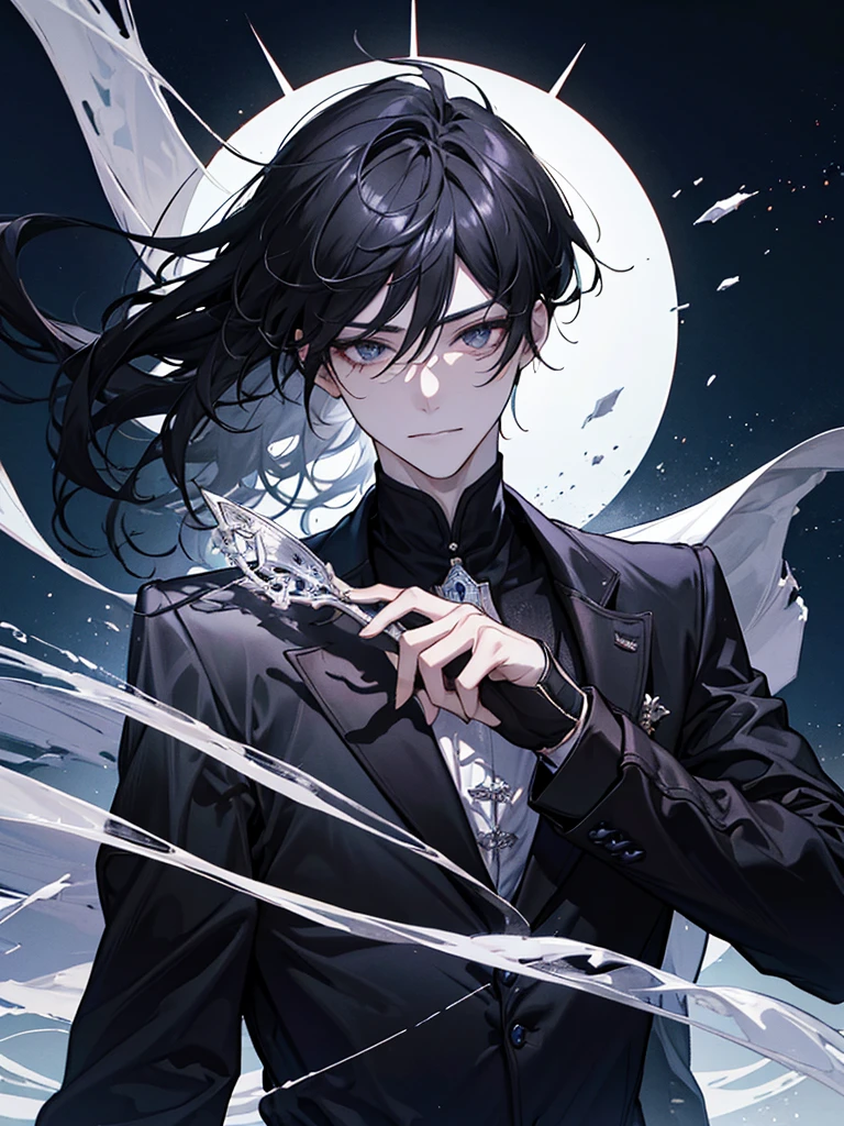 Create an image of Jendrel, a kind vampire. He is 188 cm tall with a lean, athletic build and sleek, dark black hair styled slightly tousled. Jendrel has a cute smile and a sharp jawline and deep, expressive light brown eyes that reflect a subtle sadness, without appearing stressed. His eyes should have a melancholic yet relaxed quality. He wears elegant, mysterious black robes that highlight his refined fashion sense. Pose Jendrel in a chilling and relaxed manner, perhaps leaning against a surface or with a nonchalant stance. The image should be in webtoon style, capturing his kind nature and K-pop idol-inspired aesthetic, with a focus on a calm, sad-eyed expression. Face Close-up view.