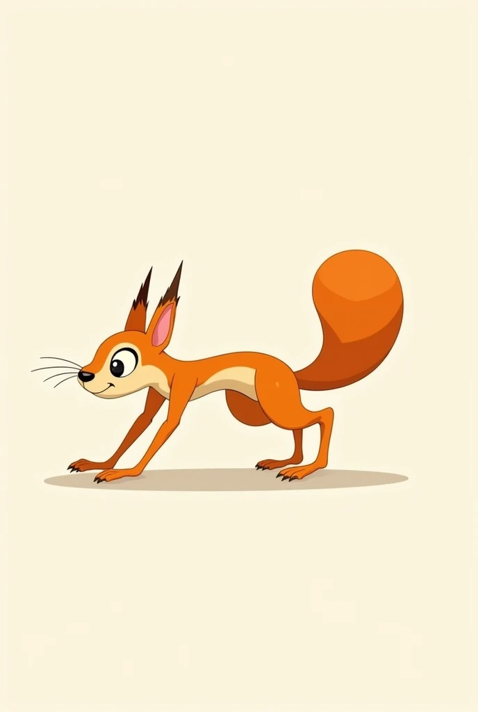An orange cartoony skinny naked squirrel with short legs and stretching like bending forward female squirrel slim thin and small eyes and no mouth
