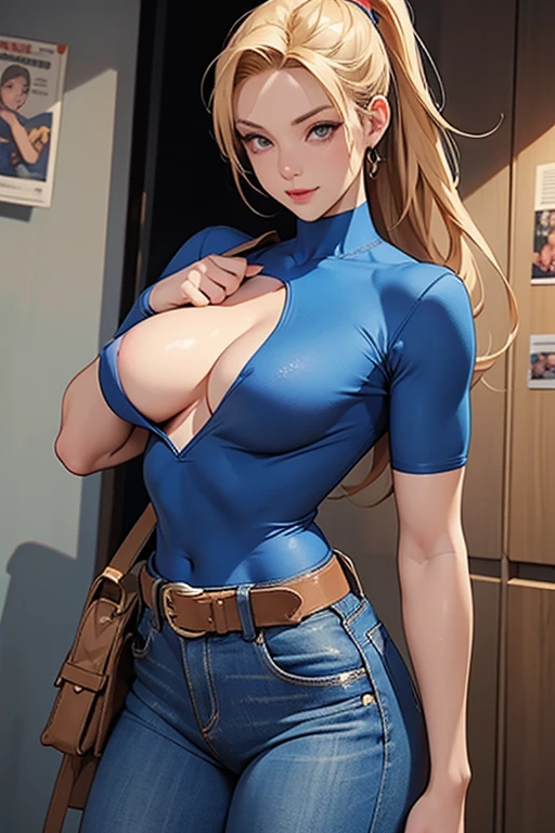 a drawing of a woman with her breasts out, jeans, without clothes on top, exposed breasts, Cammy, high quality colored sketch, temática de Cammy de street figther, Samus Aran Fanart, inked and colored, Comic style art, comic digital art, highly detailed exquisite fanart, drawn in the style of artgerm, in a Japanese city, showing breasts, perfect breasts, touching the breasts, breasts without anything on, sexy body, sexy smile expression
