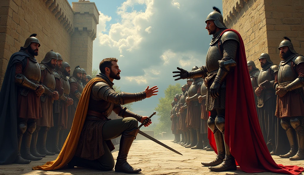 A richly detailed illustration capturing the tense moment of a local lord in Aquitaine swearing an oath of loyalty to a representative of one of the warring factions during the Hundred Years' War. The scene is set against a brooding, medieval backdrop, with a towering stone castle or a vast, rolling rural landscape under a cloudy, foreboding sky. The lord, dressed in fine but weathered attire, kneels with a sword in hand, his face a mask of doubt and carefully hidden intentions. His eyes betray a flicker of uncertainty as he gazes up at the stern, armored representative, who extends a gloved hand as a symbol of acceptance. Surrounding them, a small retinue of knights and retainers observe the oath, their expressions ranging from solemn to skeptical, reflecting the fraught political landscape. Shadows play across the scene, creating an atmosphere of secrecy and underlying tension, all rendered in the detailed, evocative style of Edmund Blair Leighton, with meticulous attention to the te, Surrealism, Hyperrealism, UHD, retina, masterpiece, accurate, anatomically correct, textured skin, super detail, best quality, 16k