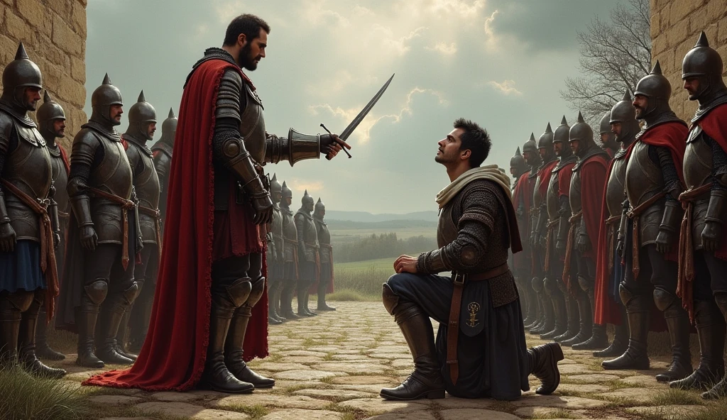 A richly detailed illustration capturing the tense moment of a local lord in Aquitaine swearing an oath of loyalty to a representative of one of the warring factions during the Hundred Years' War. The scene is set against a brooding, medieval backdrop, with a towering stone castle or a vast, rolling rural landscape under a cloudy, foreboding sky. The lord, dressed in fine but weathered attire, kneels with a sword in hand, his face a mask of doubt and carefully hidden intentions. His eyes betray a flicker of uncertainty as he gazes up at the stern, armored representative, who extends a gloved hand as a symbol of acceptance. Surrounding them, a small retinue of knights and retainers observe the oath, their expressions ranging from solemn to skeptical, reflecting the fraught political landscape. Shadows play across the scene, creating an atmosphere of secrecy and underlying tension, all rendered in the detailed, evocative style of Edmund Blair Leighton, with meticulous attention to the te, Surrealism, Hyperrealism, UHD, retina, masterpiece, accurate, anatomically correct, textured skin, super detail, best quality, 16k
