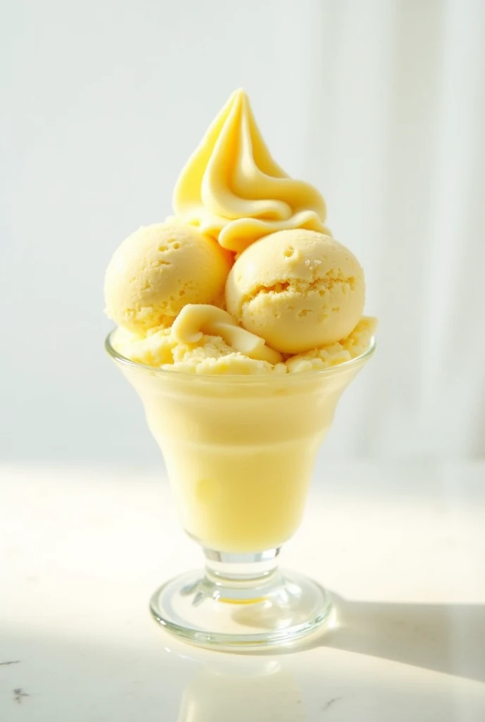 Creamy pineapple-flavored ice cream in a glass cup with a white background and shadows 