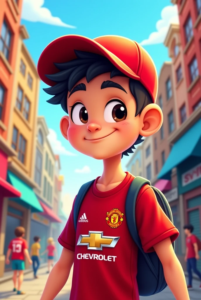 Make a cartoon style game He is a teenager character with red cap and manchester united shirt For profile picture From the fronte Adult