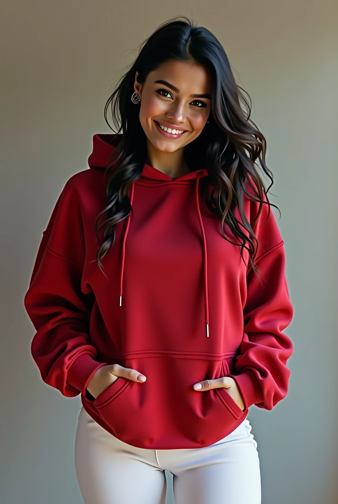(Red and black oversize hoodie:1.1), (white half pant legs Leggings:1.2),,Wearing Clear and detailed facial features,huge cleavage,4k,,salma hayek,smiling,beautiful woman, 3, Indian female, 36 B cup breasts, attractive cute.
