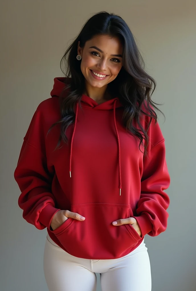 (Red and black oversize hoodie:1.1), (white half pant legs Leggings:1.2),,Wearing Clear and detailed facial features,huge cleavage,4k,,salma hayek,smiling,beautiful woman, 3, Indian female, 36 B cup breasts, attractive cute.