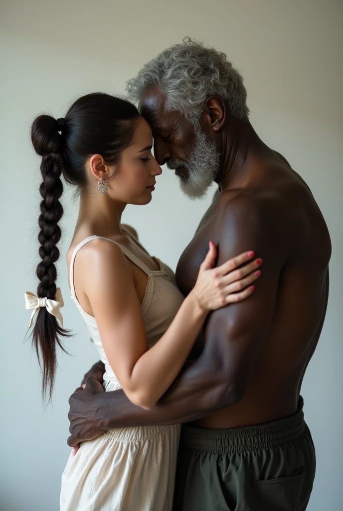 A pale skin girl standing with a black Old man, stretching hand's pose, hairy armpit, huge breasts,old man gripping she's waist, high quality, detailed,8k, beutiful girl, pigtails hair style,Naked, pale skin girl with black old man,old man hugging she's waist's,