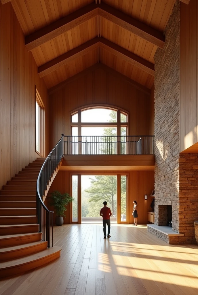 “ “We stop in the lobby, and the interior of the house leaves me speechless. The walls and ceiling are made of wood.. There is a circular staircase, also made of wood, and wooden beams run through the vaulted ceilings leading to the second floor, that is open. I can't see the rooms, but a wrought iron railing runs horizontally from one end to the other. There is a beautiful brick fireplace on the far right wall., and minimalist rustic-style furniture fills the open area.”
