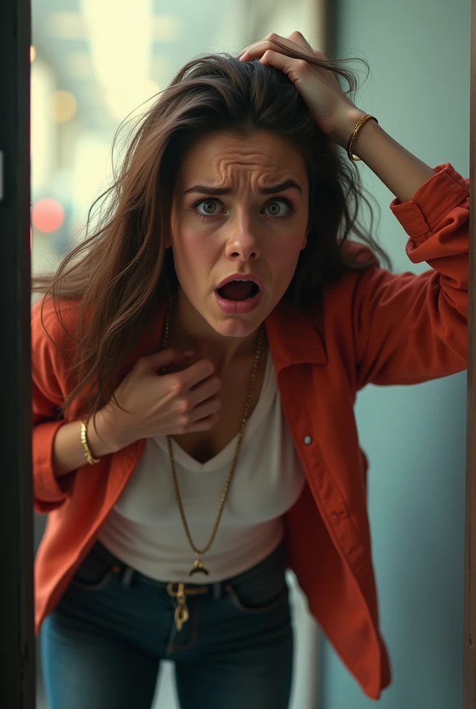 Create a realistic image of a woman in a moment of frustration and panic as she frantically searches for her keys. Her facial expression should show anxiety, with furrowed brows and slightly parted lips. One hand is in her hair, the other rummaging through her bag or pockets. The background should be slightly blurred, suggesting a busy or stressful environment, like a doorway or hallway. Use bright, contrasting colors to make the image eye-catching and dynamic, perfect for grabbing attention on TikTok