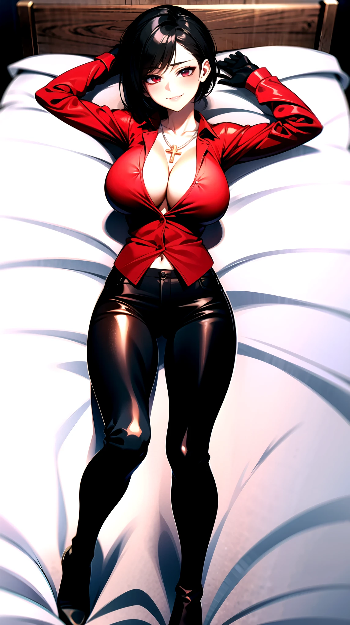 ((super high quality,))((Ultra-high resolution,))(16K,)(super masterpiece,)((Ultra HD ,))(Detailed shading,)Full body photo,One sexy mature woman,((Red collared shirt,popped Tight collar,))Folded sleeves,Black long gloves,(Glossy black pants, Black long boots,)Black hair straight short,Sharp Eyes,blush,Sexy smile,Cleavage,Cross Necklace,Lying in bed,Put your hands on your head,