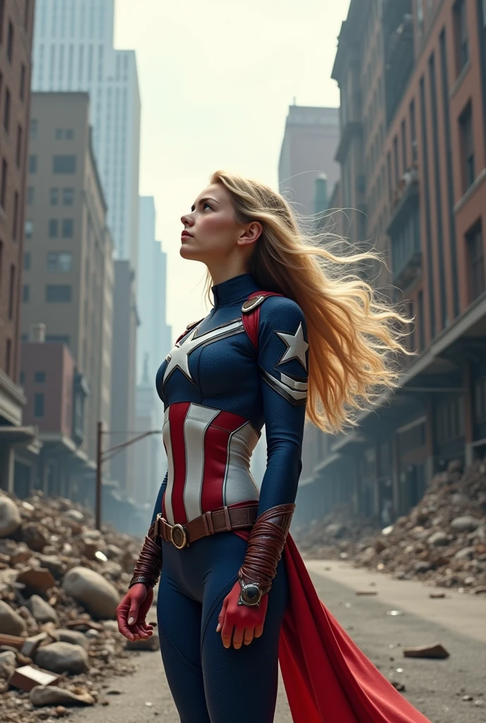 a teenage girl with blue eyes and blond hair looking up the sky in a leotard suit of captain america, standing on a destroyed street