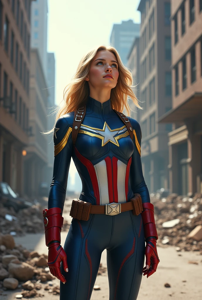 a  girl with blue eyes and blond hair looking up the sky in a leotard suit of captain america, standing on a destroyed street