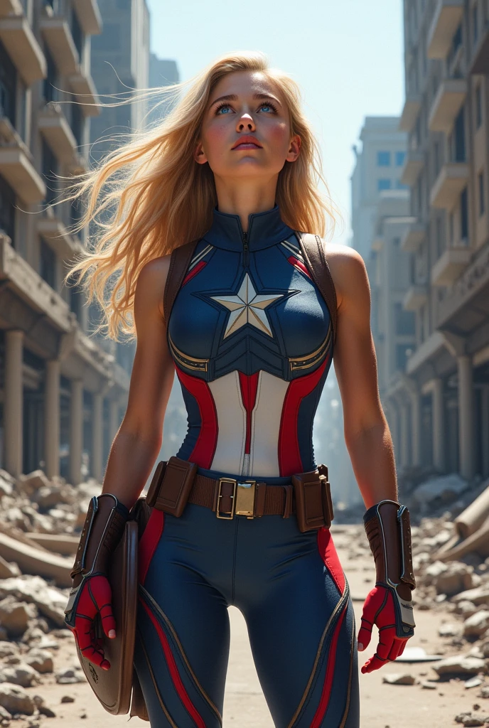 a girl with blue eyes and blond hair looking up the sky in a leotard suit of captain america, standing on a destroyed street