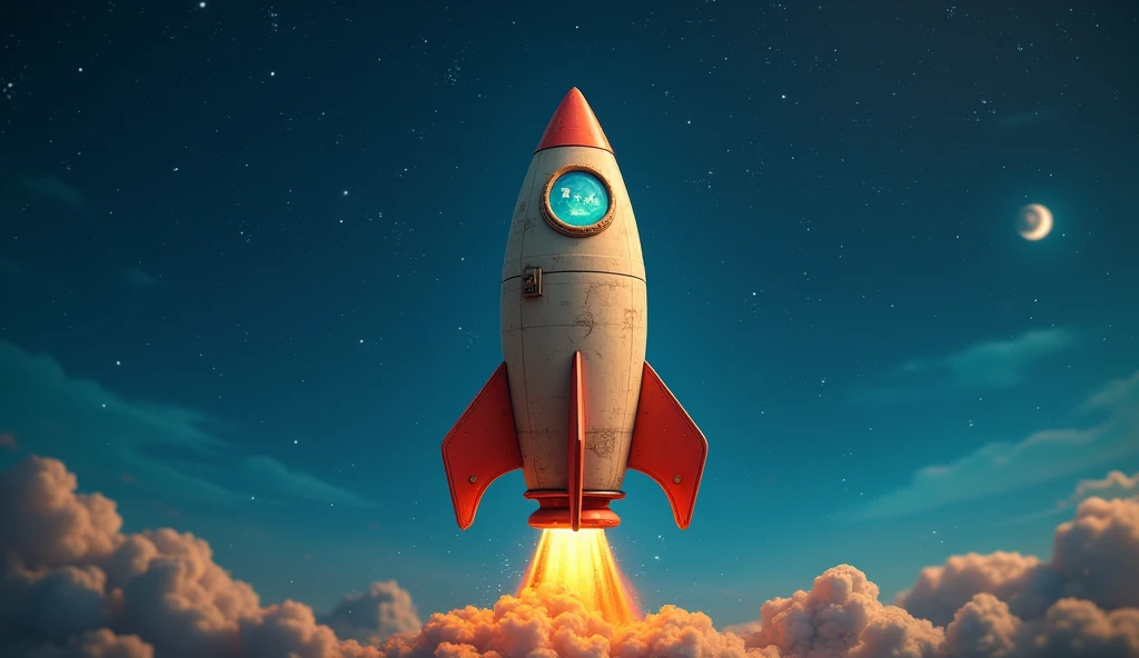 The cardboard rocket ready for takeoff under the starry sky.
