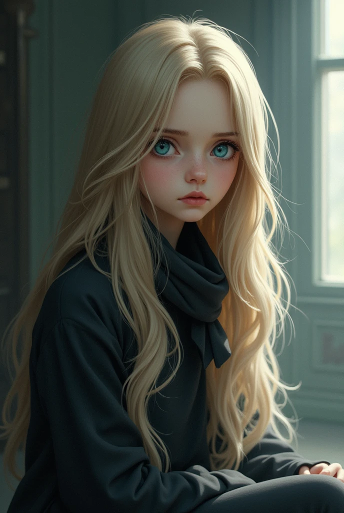 A beautiful girl with long blond hair and blue eyes. A girl sits in the year of peace and cries. Ma rozmazany czarny tuż. There is sadness on her face.