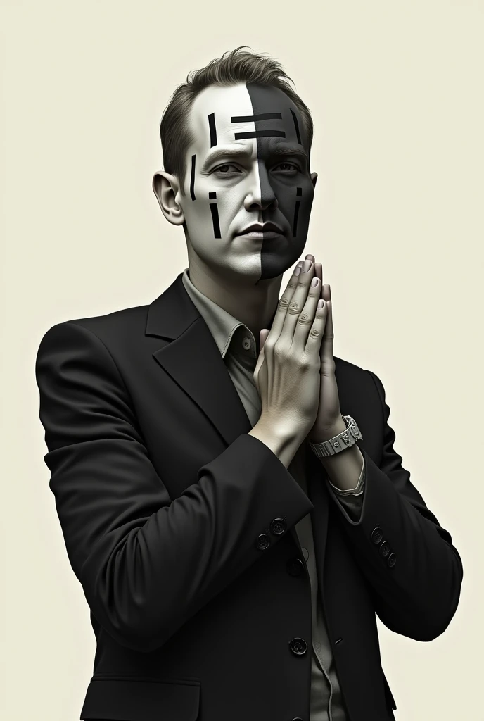 A man is standing with his hands folded, half of his face is painted
