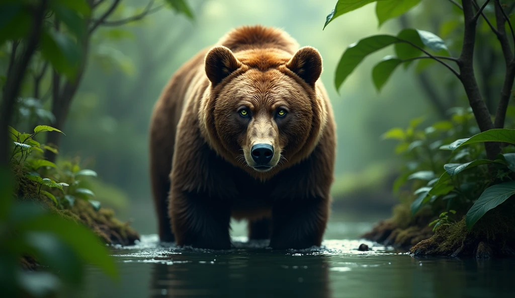 bear captured in a lush green jungle, the bear is in the middle of the photo, lively gaze, head down and looking straight ahead, with a reflection of water, the bear with a lively gaze and striking green eyes. The image is sharp and detailed, with a cinematic quality. The background is blurred, creating a sense of depth and focus on the panther, breathtaking images, high definition. (ultra realistic) extreme details, (best quality, 4k, 8k, high resolution, masterpiece: 1.5)