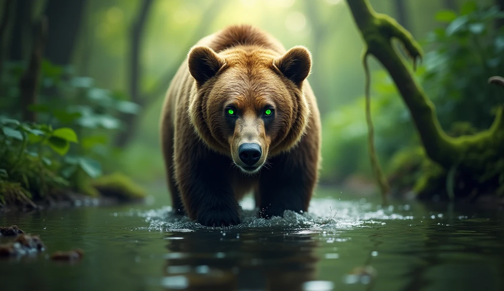 bear captured in a lush green jungle, the bear is in the middle of the photo, lively gaze, head down and looking straight ahead, with a reflection of water, the bear with a lively gaze and striking green eyes. The image is sharp and detailed, with a cinematic quality. The background is blurred, creating a sense of depth and focus on the panther, breathtaking images, high definition. (ultra realistic) extreme details, (best quality, 4k, 8k, high resolution, masterpiece: 1.5)