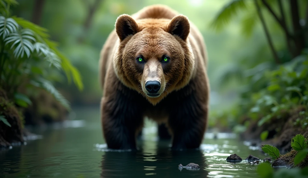 bear captured in a lush green jungle, the bear is in the middle of the photo, lively gaze, head down and looking straight ahead, with a reflection of water, the bear with a lively gaze and striking green eyes. The image is sharp and detailed, with a cinematic quality. The background is blurred, creating a sense of depth and focus on the panther, breathtaking images, high definition. (ultra realistic) extreme details, (best quality, 4k, 8k, high resolution, masterpiece: 1.5)