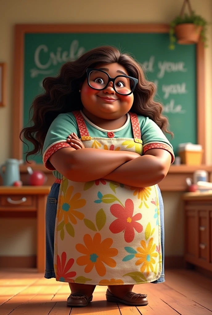 Pixar fat black teacher, long brown hair, apron, glasses,