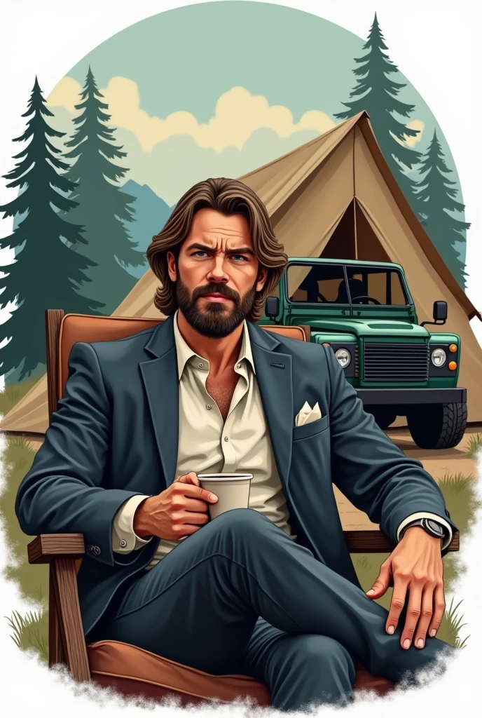 Request a logo, graphic, of a man wearing a suit, shoulder-length hair, a slight beard, a casual look, not looking at the camera, sitting on a chair, and camping, He hold a cup of hot coffee in one hand. background is Tent and off-road car , car dark green color