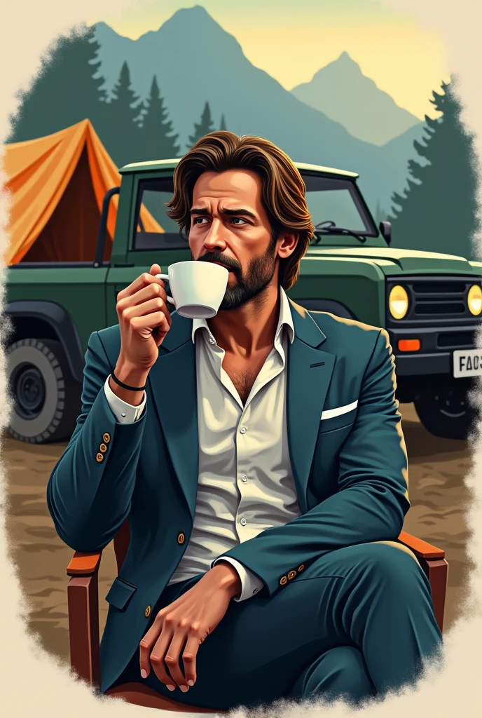 Request a logo, graphic, of a man wearing a suit, shoulder-length hair, a slight beard, a casual look, not looking at the camera, sitting on a chair, and camping, He hold a cup of hot coffee in one hand. background is Tent and off-road car , car dark green color