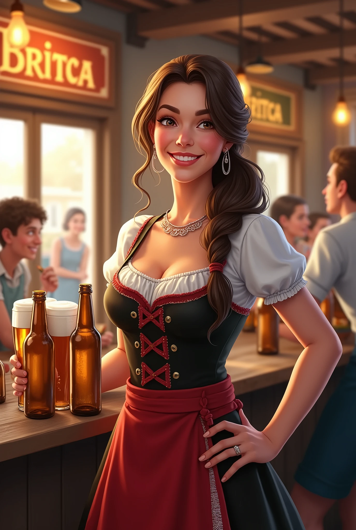 Happy real human beautiful girl waitress serving beer, looking joyfully smile. Cheerful gorgeous woman wearing traditional beer dress, posing with beer bottles. Happy people on background, beer shop with sign "BIRITZA"